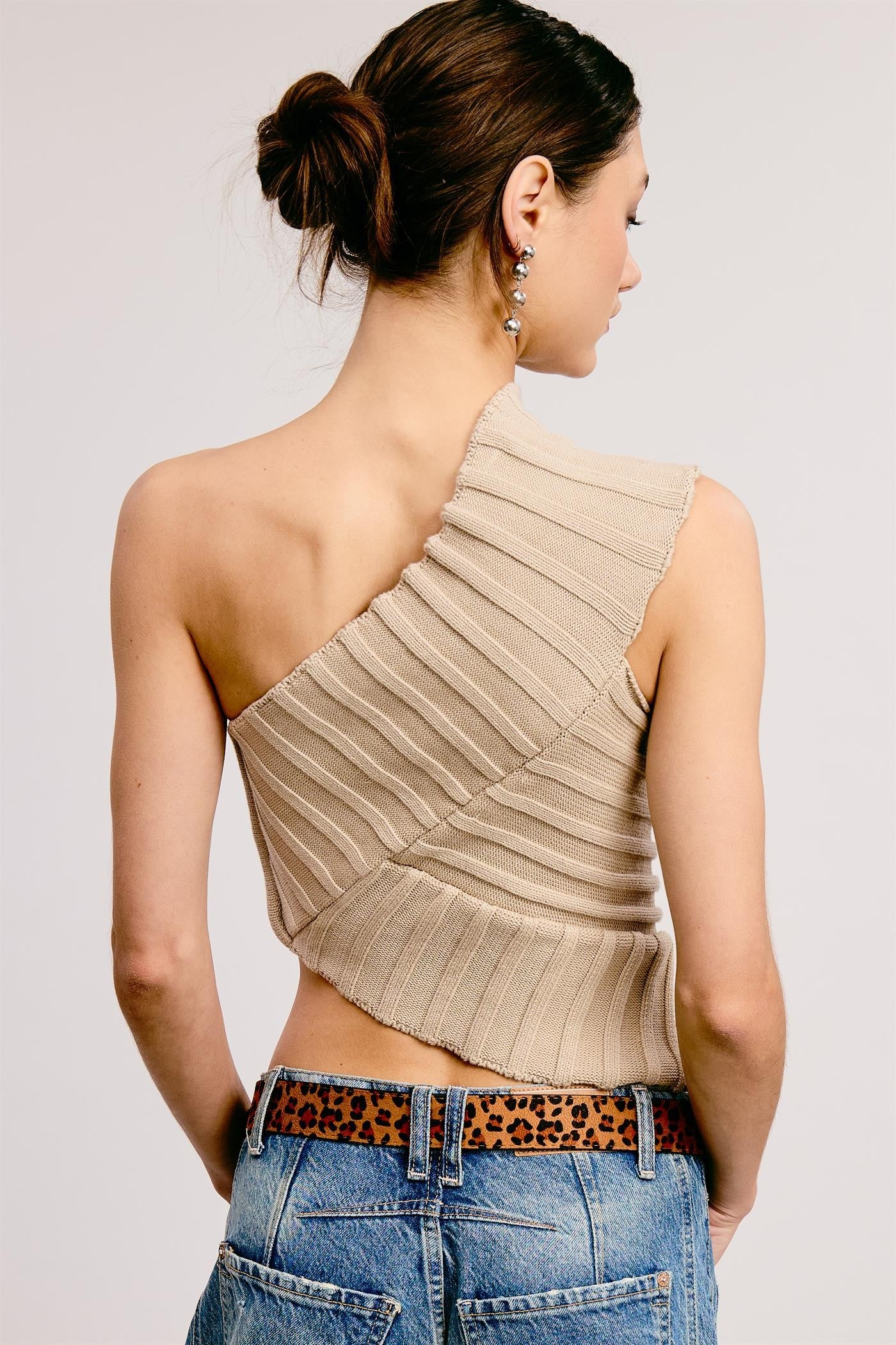 One-Shoulder Ribbed Knit Top - Mushroom