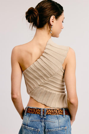 One-Shoulder Ribbed Knit Top - Mushroom