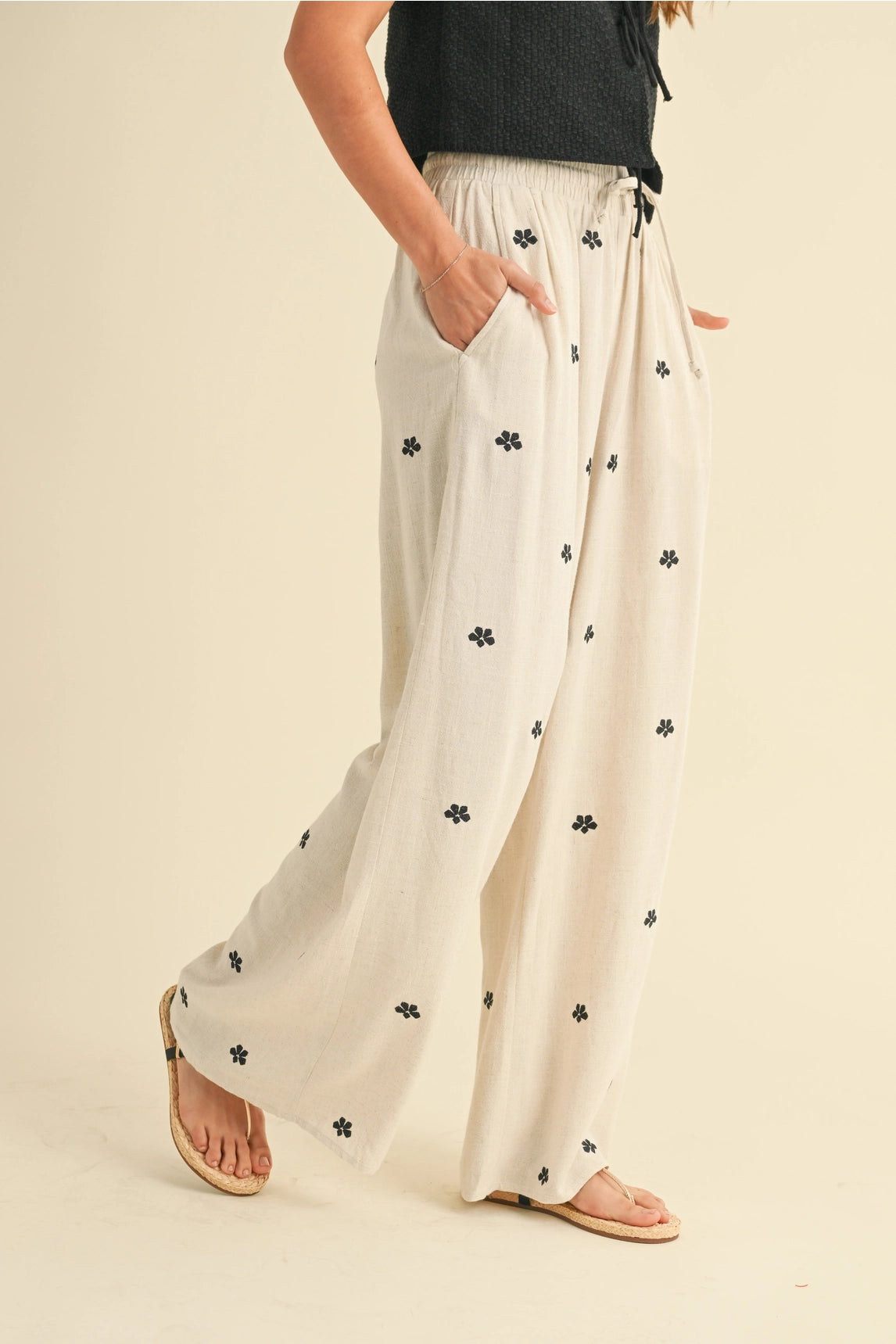 Embroidered Wide Leg Linen Pants