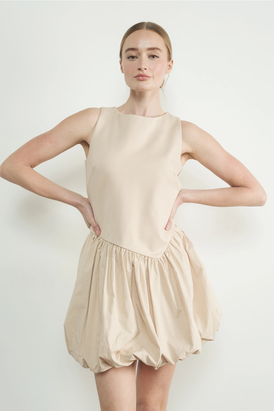 Asymmetical Waist Bubble Dress - Taupe