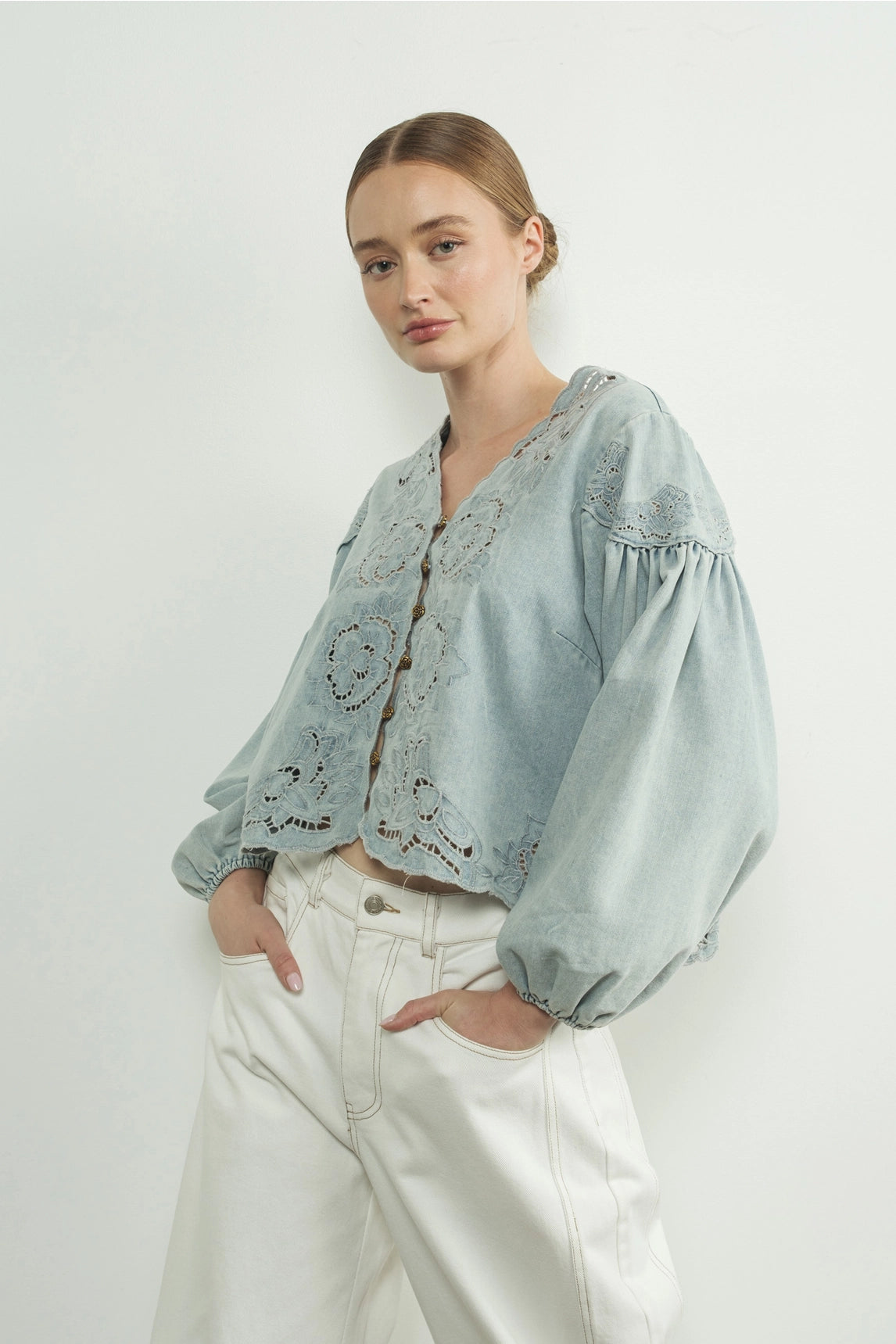 Denim Balloon Sleeve Top - Blue