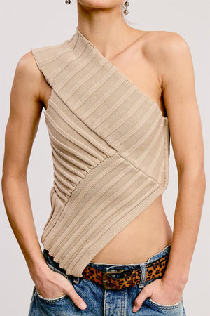 One-Shoulder Ribbed Knit Top - Mushroom