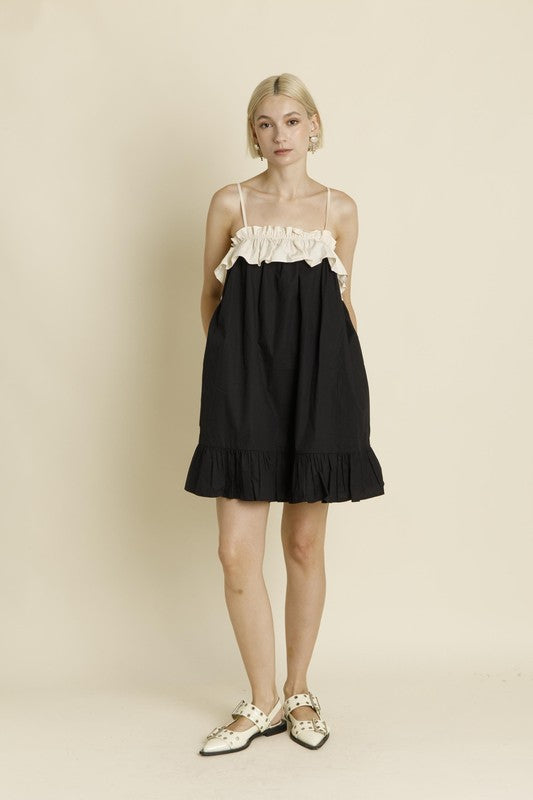 Color Block Ruffle Mini Dress - Black