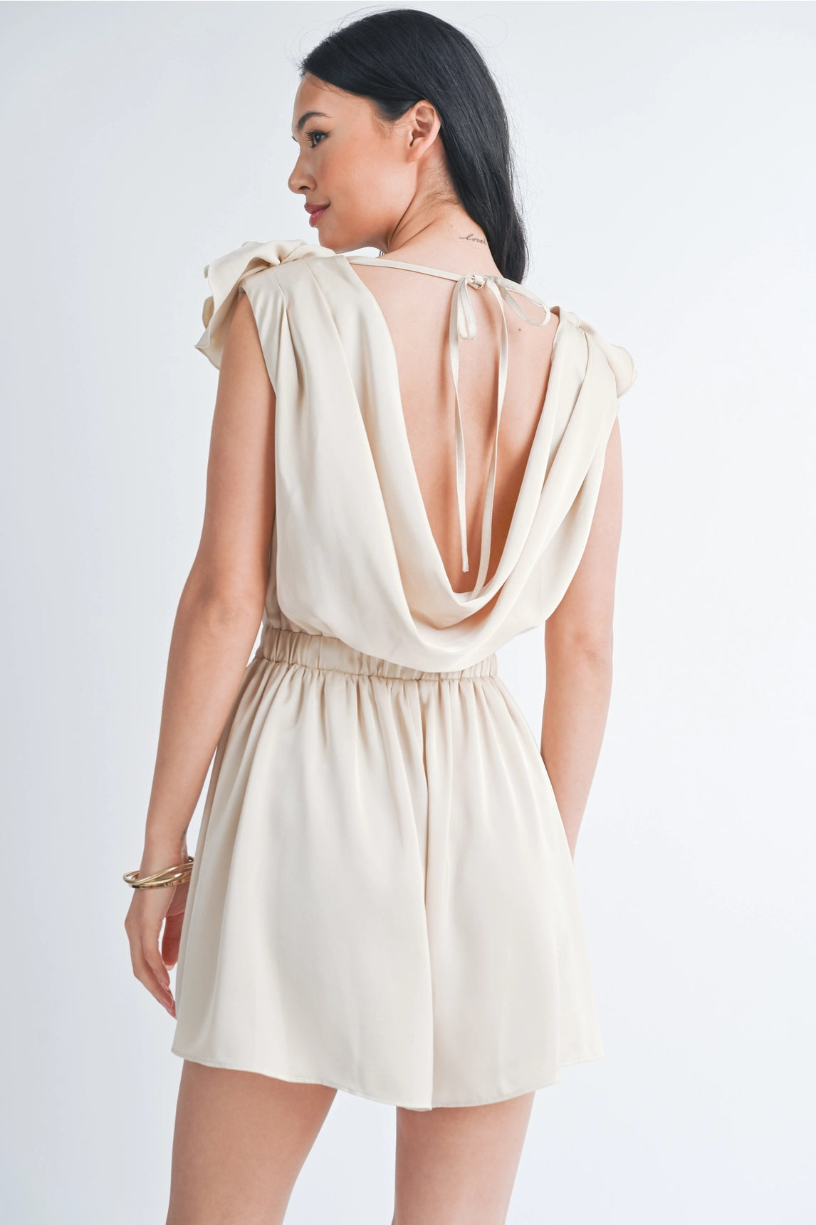 Rosette Cowl Neck Romper - Beige