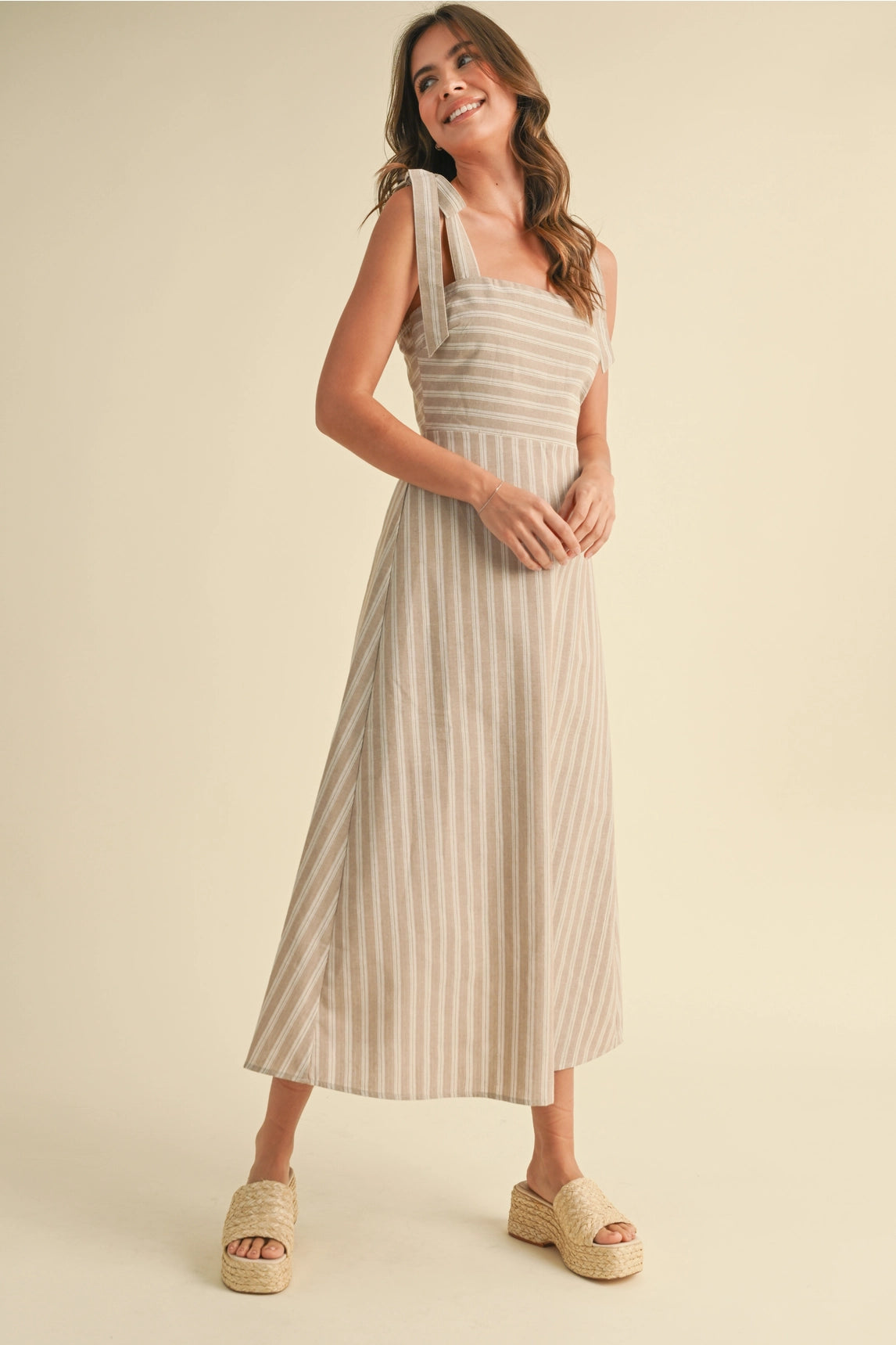 Ava Striped Midi Dress - Beige