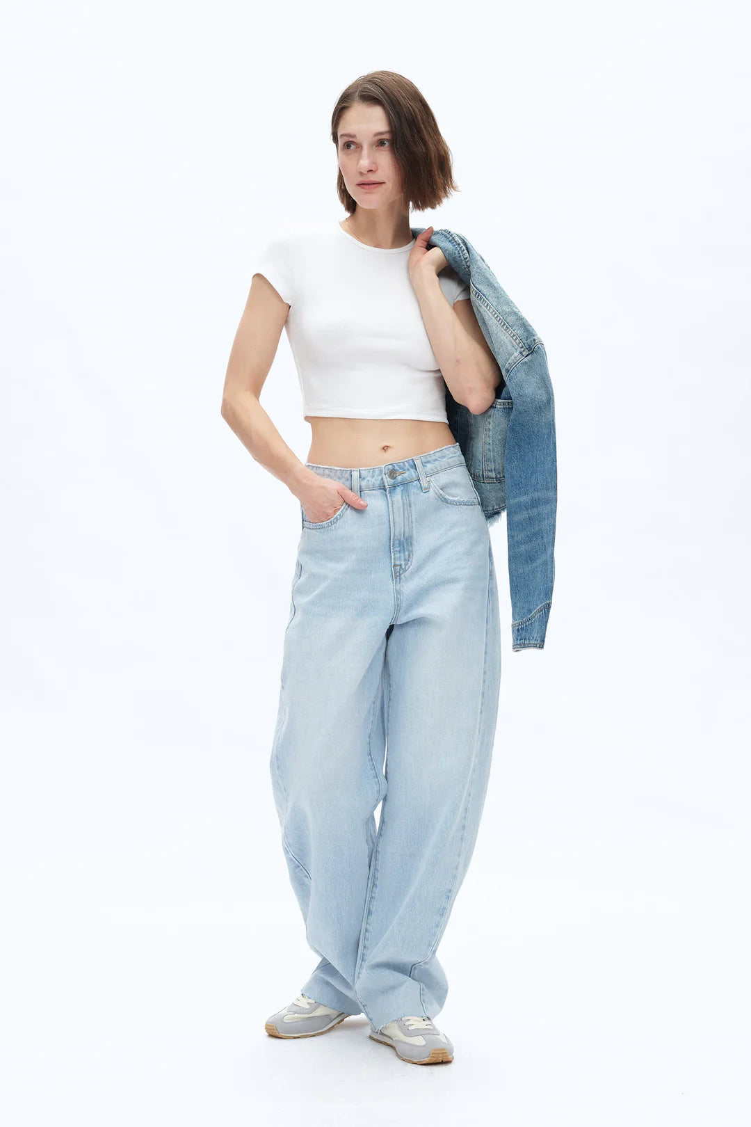 High Rise Barrel Leg Denim Jeans - Light Blue
