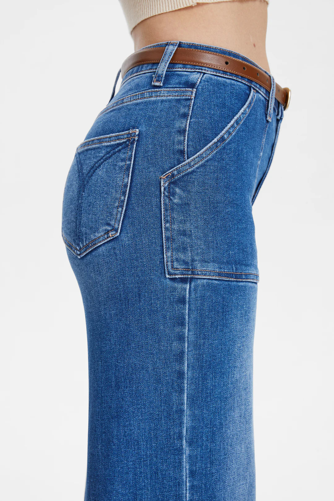 Utility Patch Pocket Wide Leg Jeans - Dark Indigo