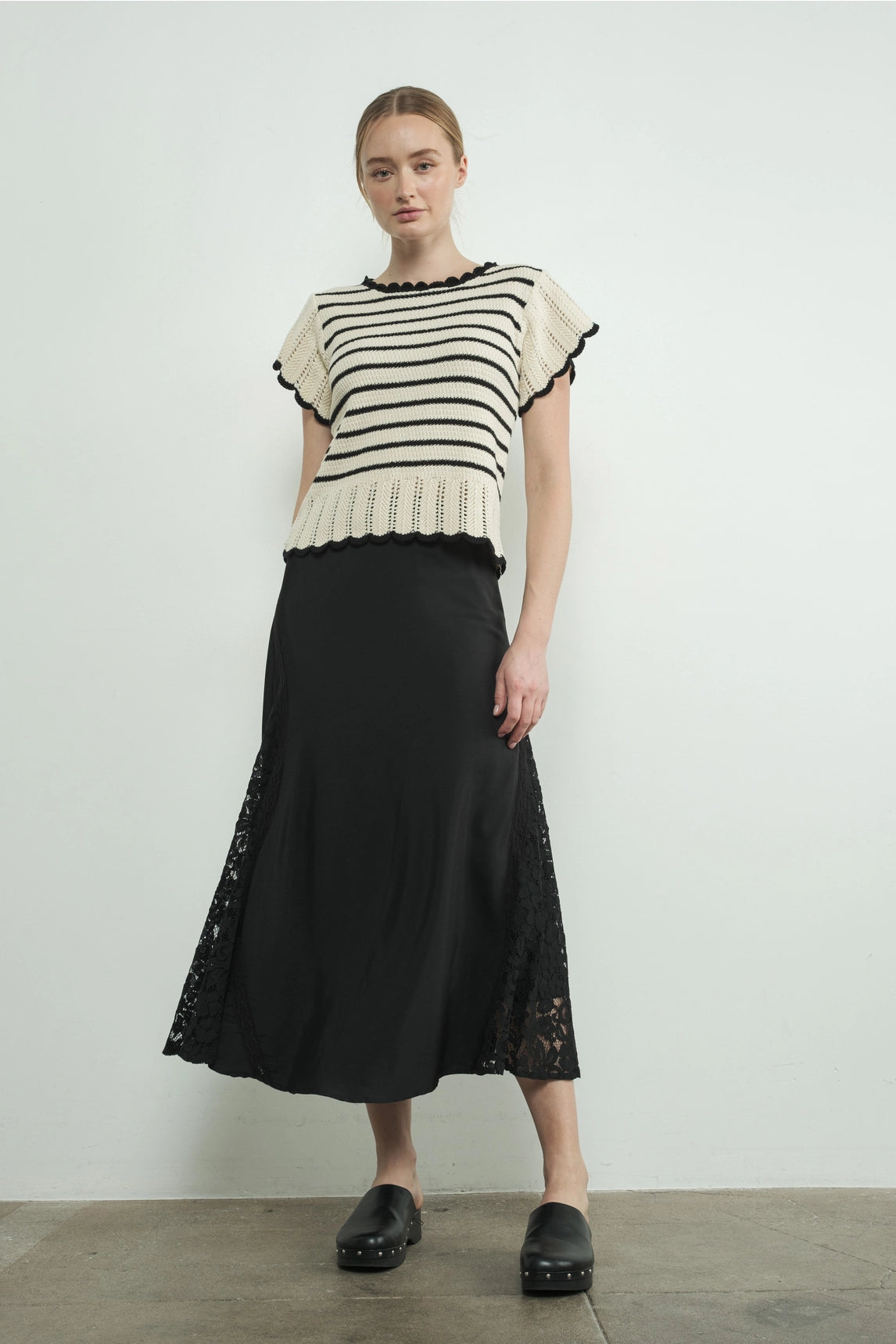 Satin Lace Midi Skirt - Black