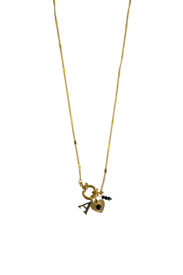18K Black Heart Initial Necklace