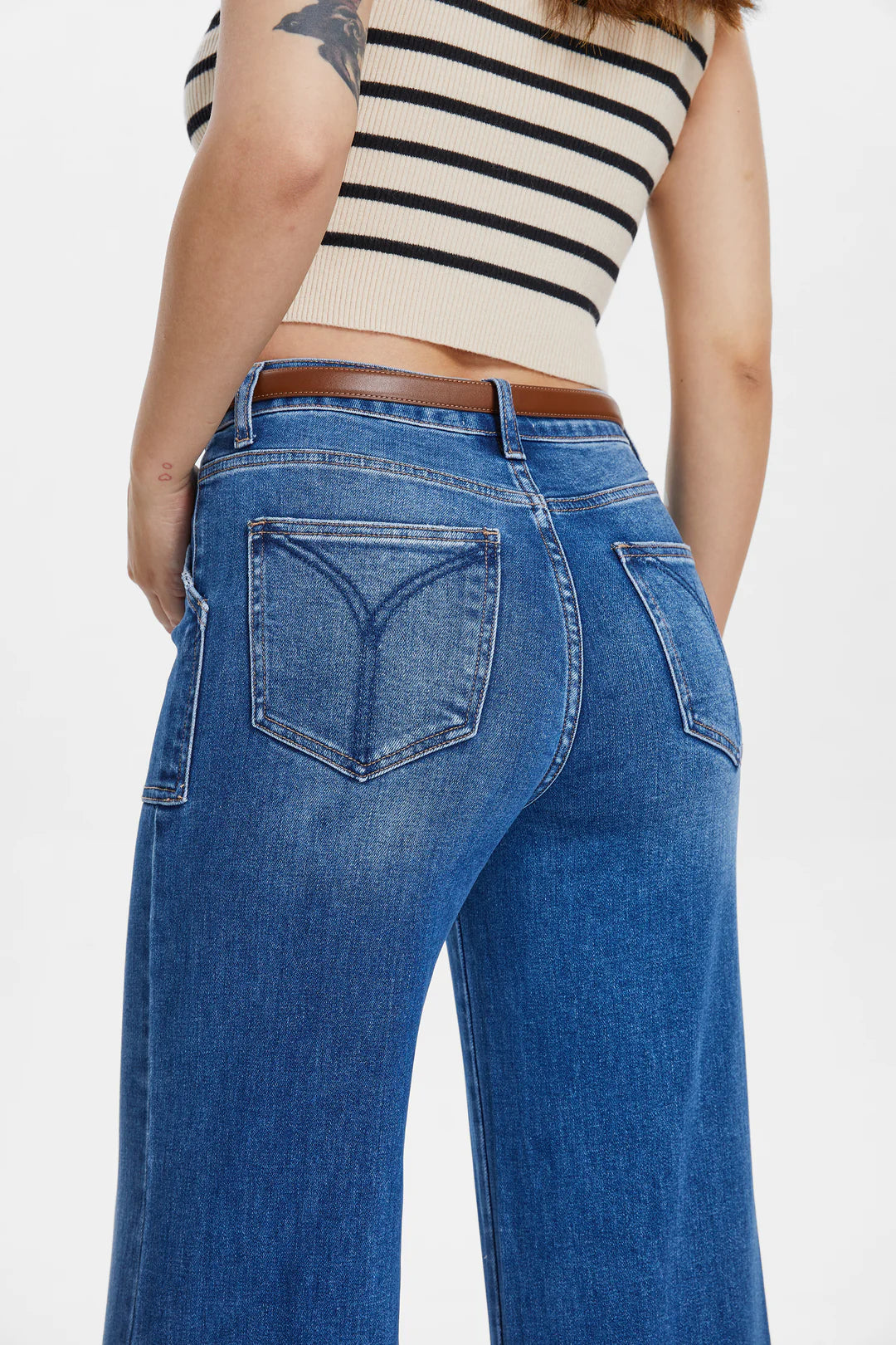 Utility Patch Pocket Wide Leg Jeans - Dark Indigo