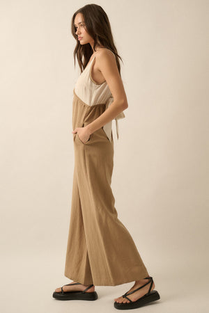 Solid Textured Colorblock Wide-Leg Jumpsuit