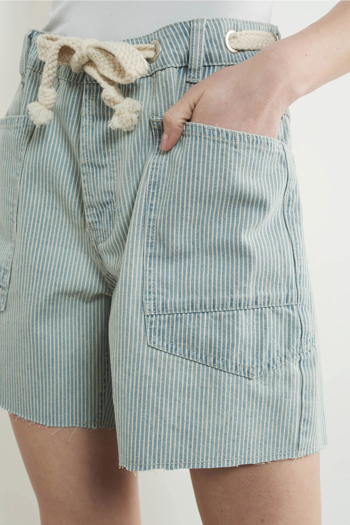 Vintage Washed Barrel Denim Shorts - Stripe