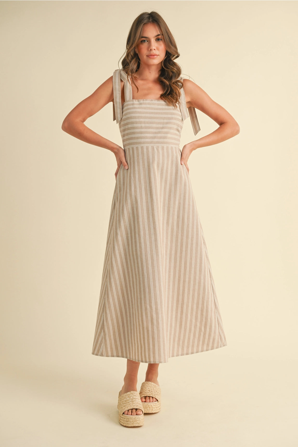 Ava Striped Midi Dress - Beige