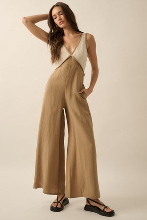 Solid Textured Colorblock Wide-Leg Jumpsuit