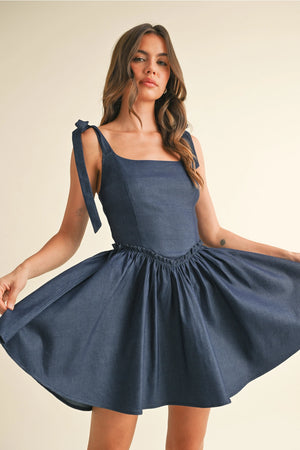 Lace Up Flared Mini Dress - Dark Blue