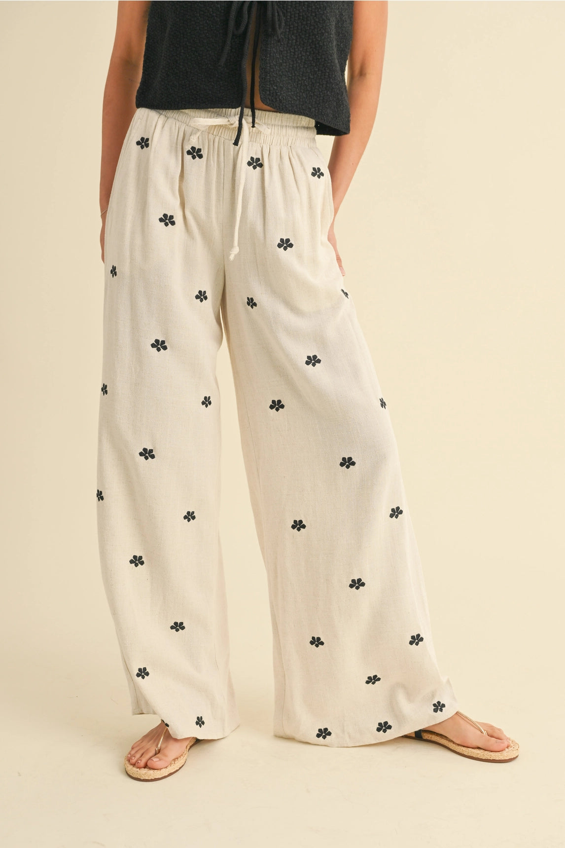 Embroidered Wide Leg Linen Pants