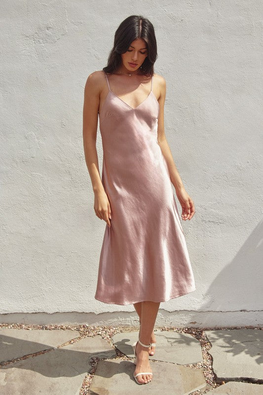 Satin Slip Midi Dress - Rose