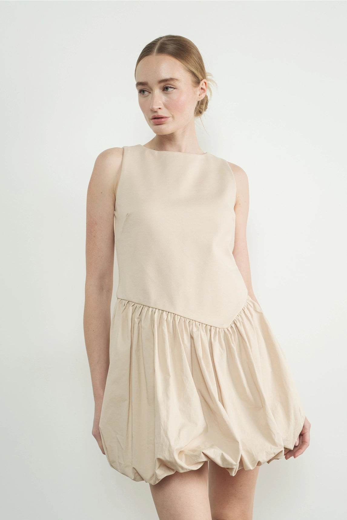 Asymmetical Waist Bubble Dress - Taupe