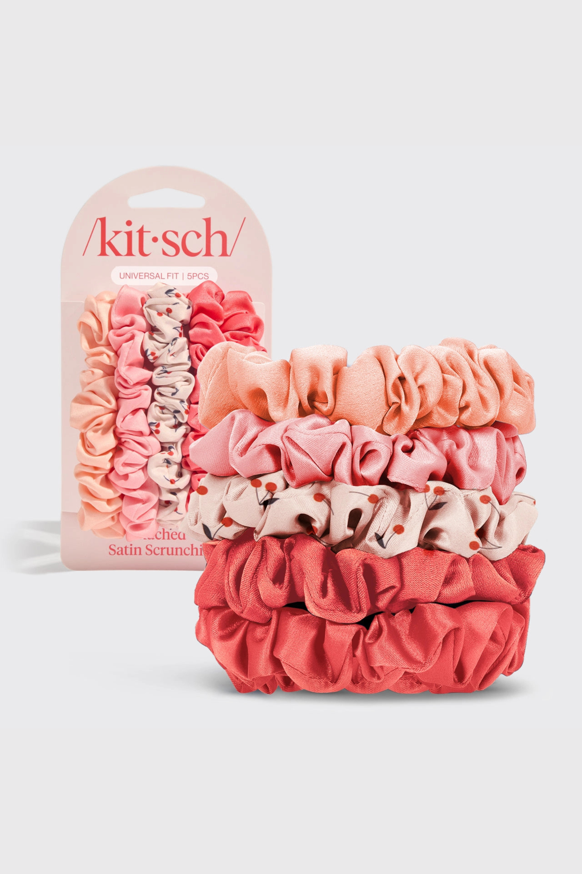KITSCH Ruched Satin Scrunchies 5pc Set - Cherry