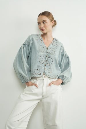 Denim Balloon Sleeve Top - Blue