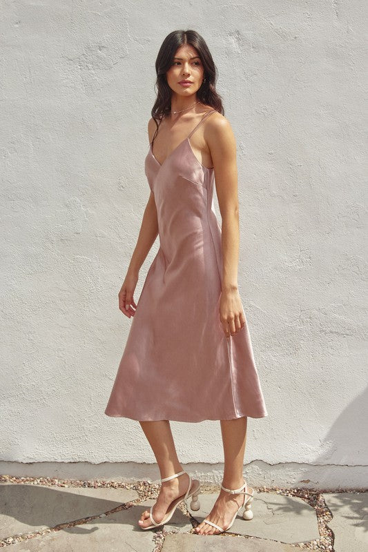 Satin Slip Midi Dress - Rose
