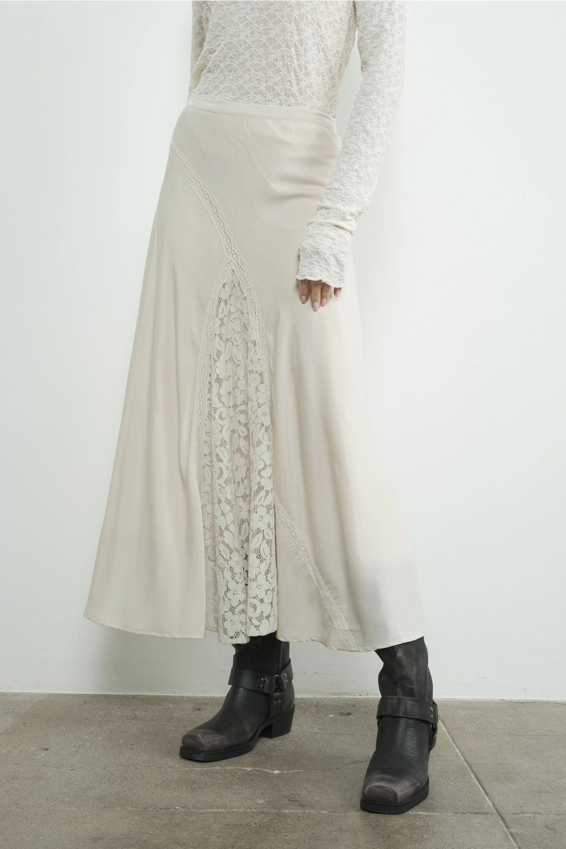 Satin Lace Midi Skirt - Dove