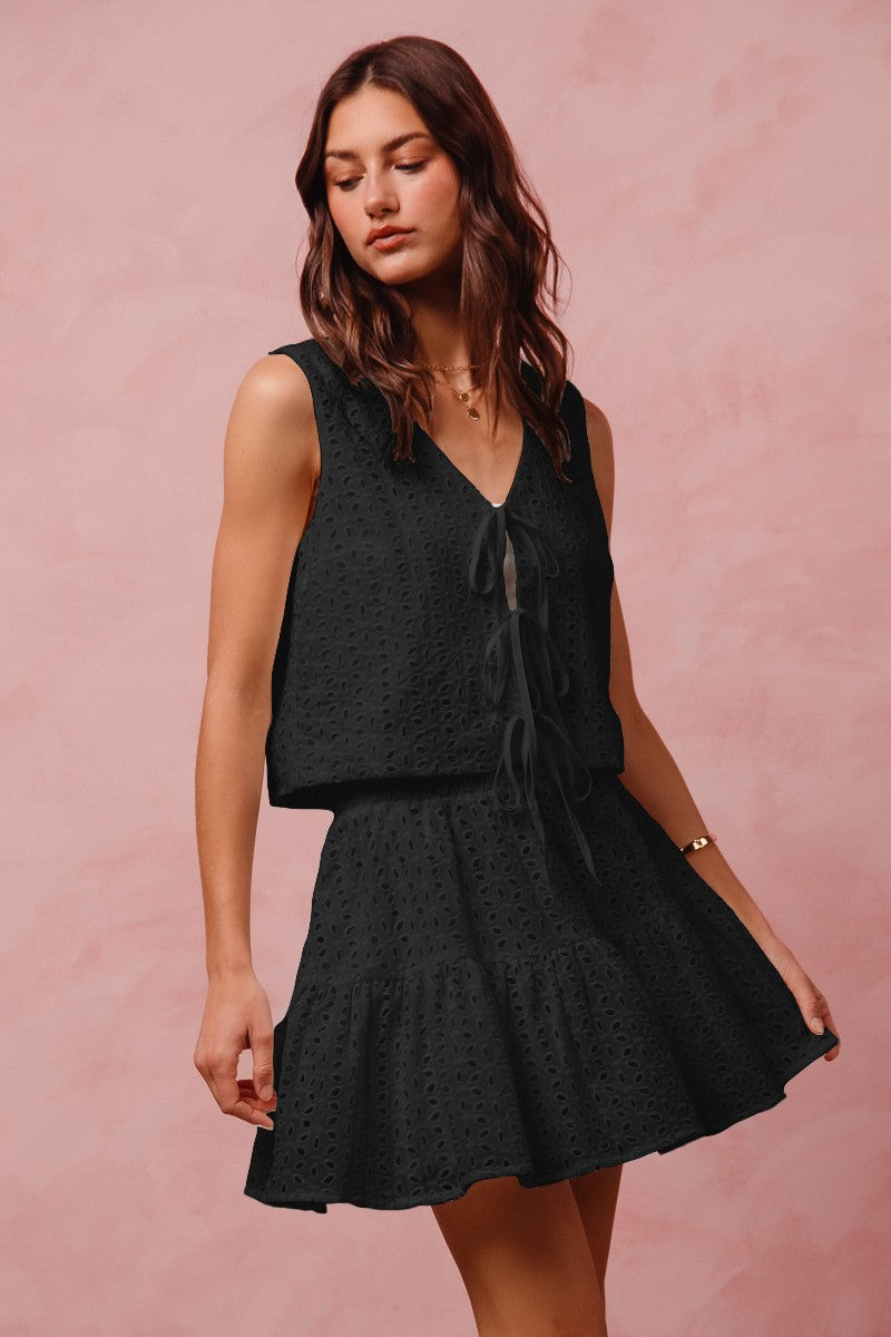 Floral Eyelet Lace Set - Black