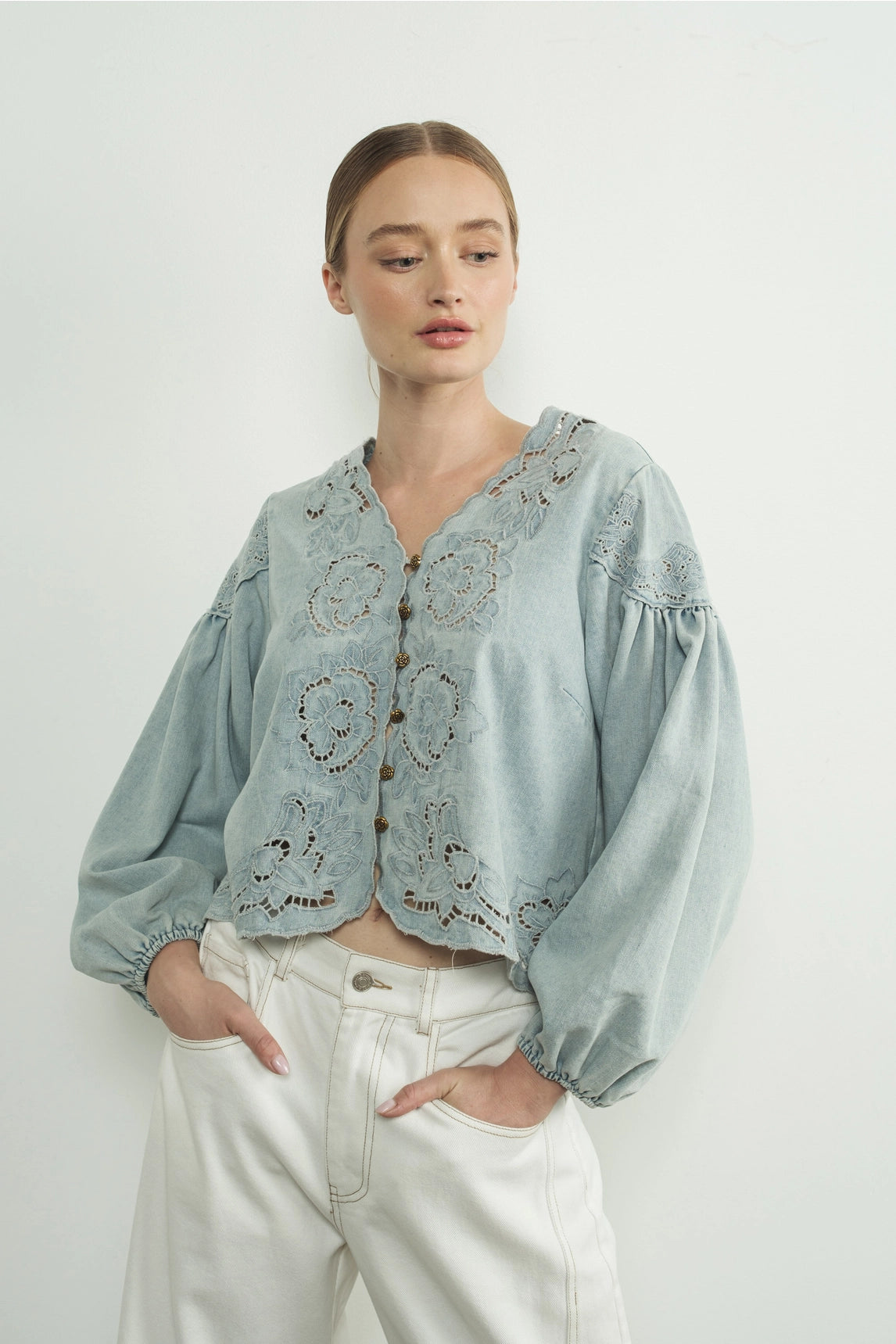 Denim Balloon Sleeve Top - Blue