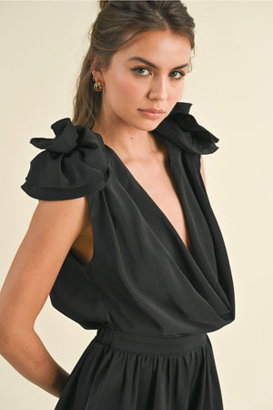 Rosette Cowl Neck Romper - Black