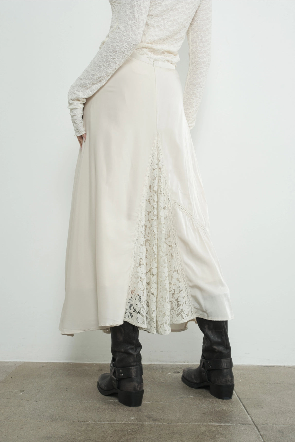 Satin Lace Midi Skirt - Dove