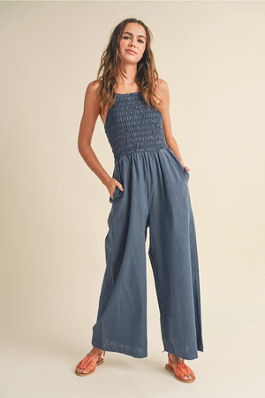 Smocked Denim Jumpsuit - Blue