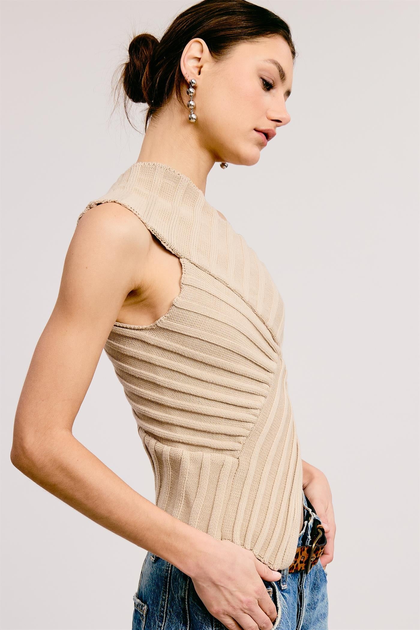 One-Shoulder Ribbed Knit Top - Mushroom