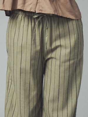 Striped Linen Wide Leg Pants - Light Olive